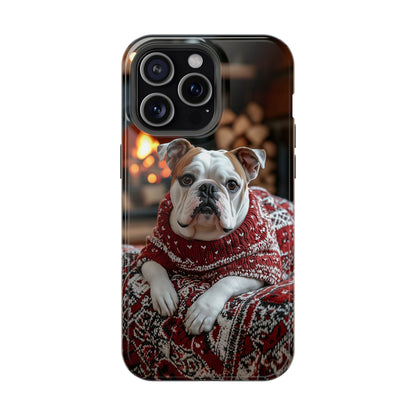 Cozy Bulldog in Sweater MagSafe iPhone Case – Festive Fireplace Protective Cover