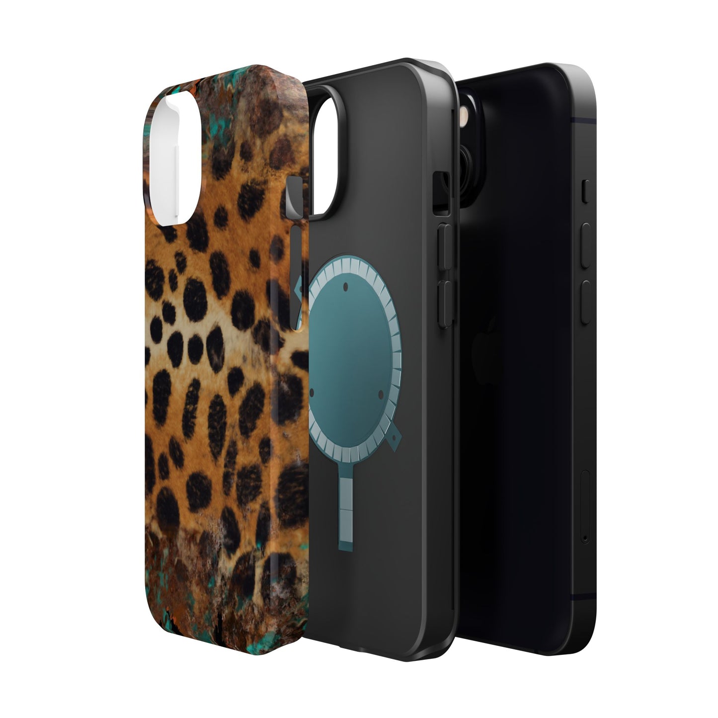 Rustic Leopard Print Tough MagSafe iPhone Case – Distressed Turquoise and Animal Pattern with Dual-Layer Protection