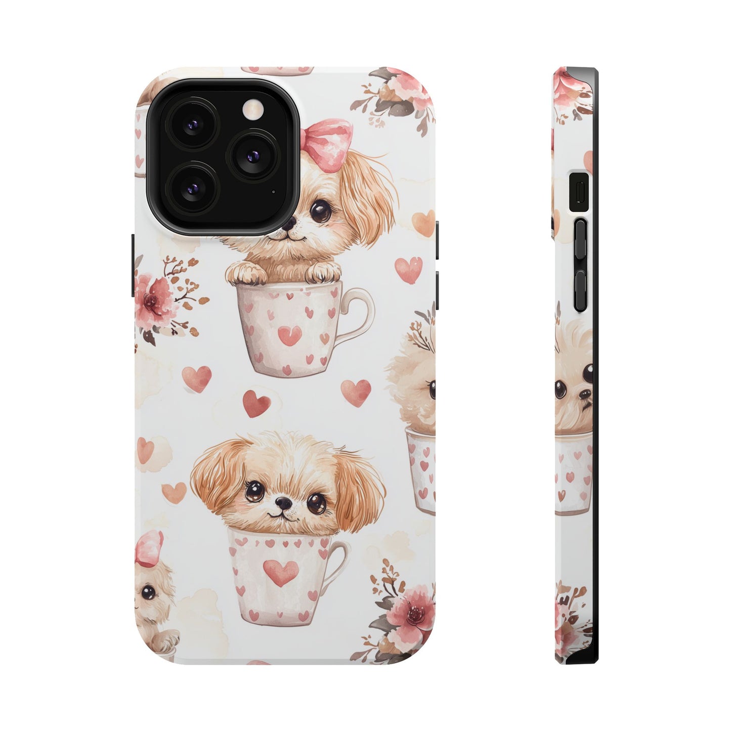 Cute Puppies in Heart MagSafe iPhone Case – Adorable Dog & Floral Design, Shockproof & Slim