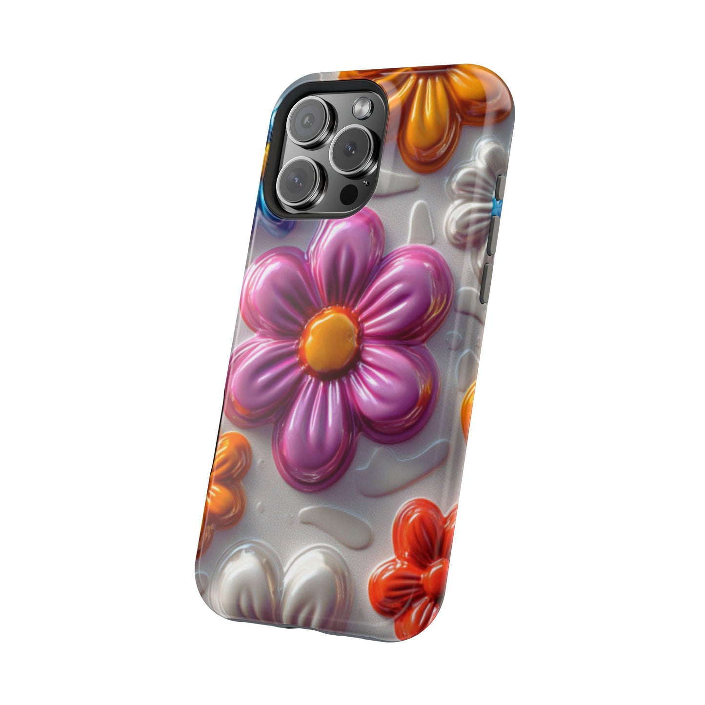 Glossy 3D Floral MagSafe iPhone Case – Colorful Flower Pattern, Durable Protection