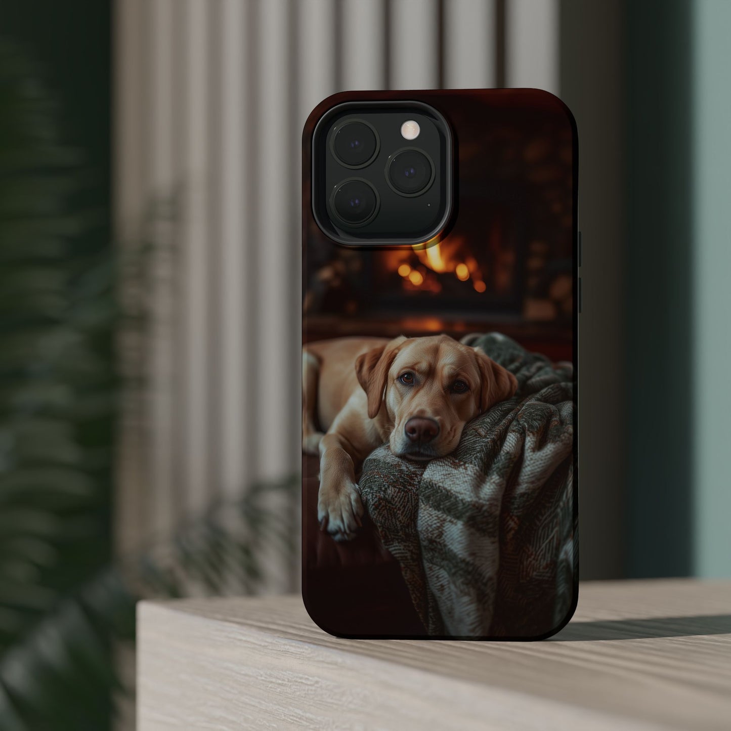 Cozy Labrador by Fireplace MagSafe iPhone Case – Rustic Cabin Protective Cover