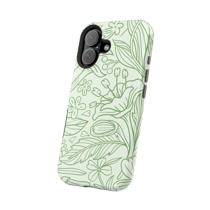 Sage Green Floral Line Art Tough MagSafe iPhone Case – Minimalist Botanical Design with Dual-Layer Protection