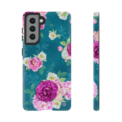 Elegant Peony Bouquet Samsung Galaxy Case – Deep Teal Background with Romantic Floral Design