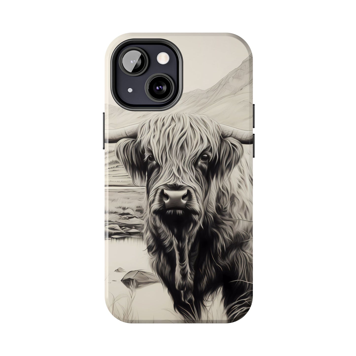 Cute Highland Cow Cases - Western Charcoal Sketched Cow - Farmhouse Design