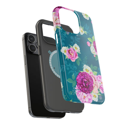 Elegant Peony Bouquet MagSafe iPhone Case – Deep Teal Background with Romantic Floral Design