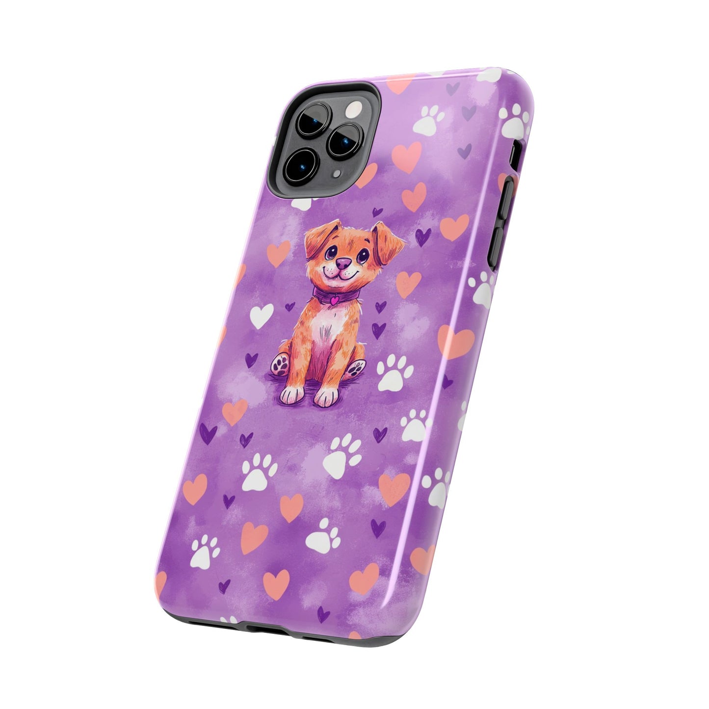 Cute Puppy iPhone Case - Adorable Pet Design with Hearts & Paw Prints, Protective Cover