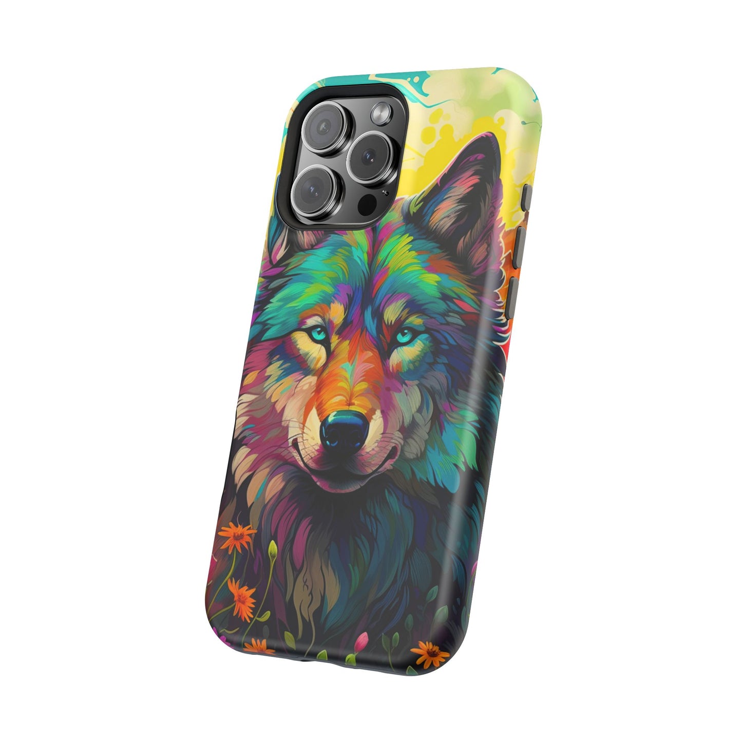 Rainbow Wolf in Bloom – MagSafe iPhone Case with Nature-Inspired Design