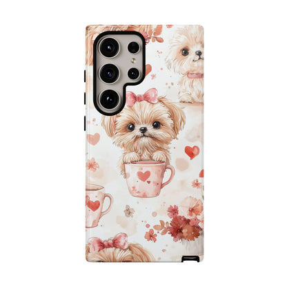 Puppies & Heart Mugs Samsung Galaxy Case – Sweet Dog & Floral Design, Shockproof & Slim