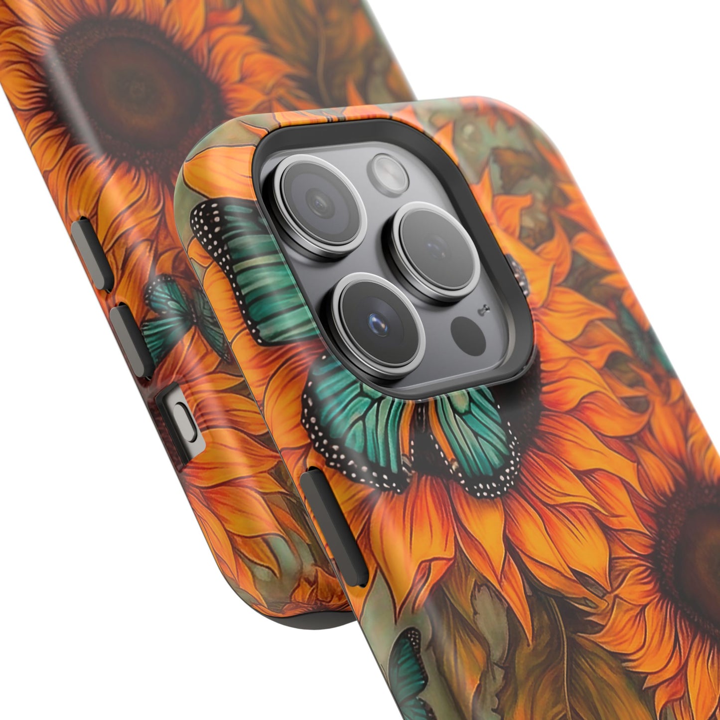 Vintage Blue Butterfly & Sunflower Art – MagSafe iPhone Case