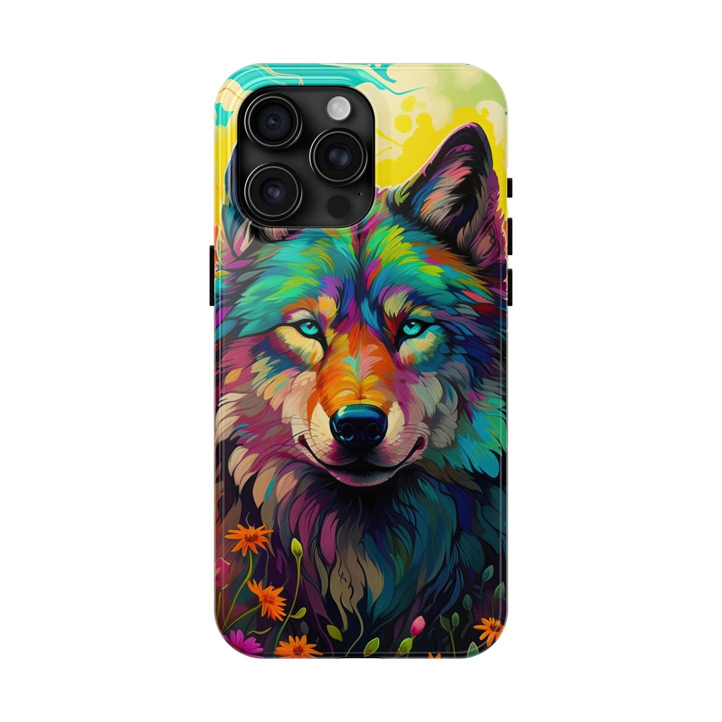 Rainbow Wolf in Bloom – iPhone Case with Vivid Nature Design