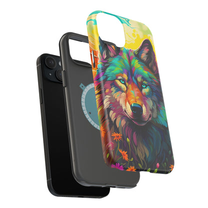 Rainbow Wolf in Bloom – MagSafe iPhone Case with Nature-Inspired Design