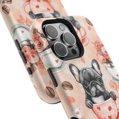 French Bulldogs in Heart Teacups MagSafe iPhone Case – Cute Dog & Floral Design, Shockproof Protection