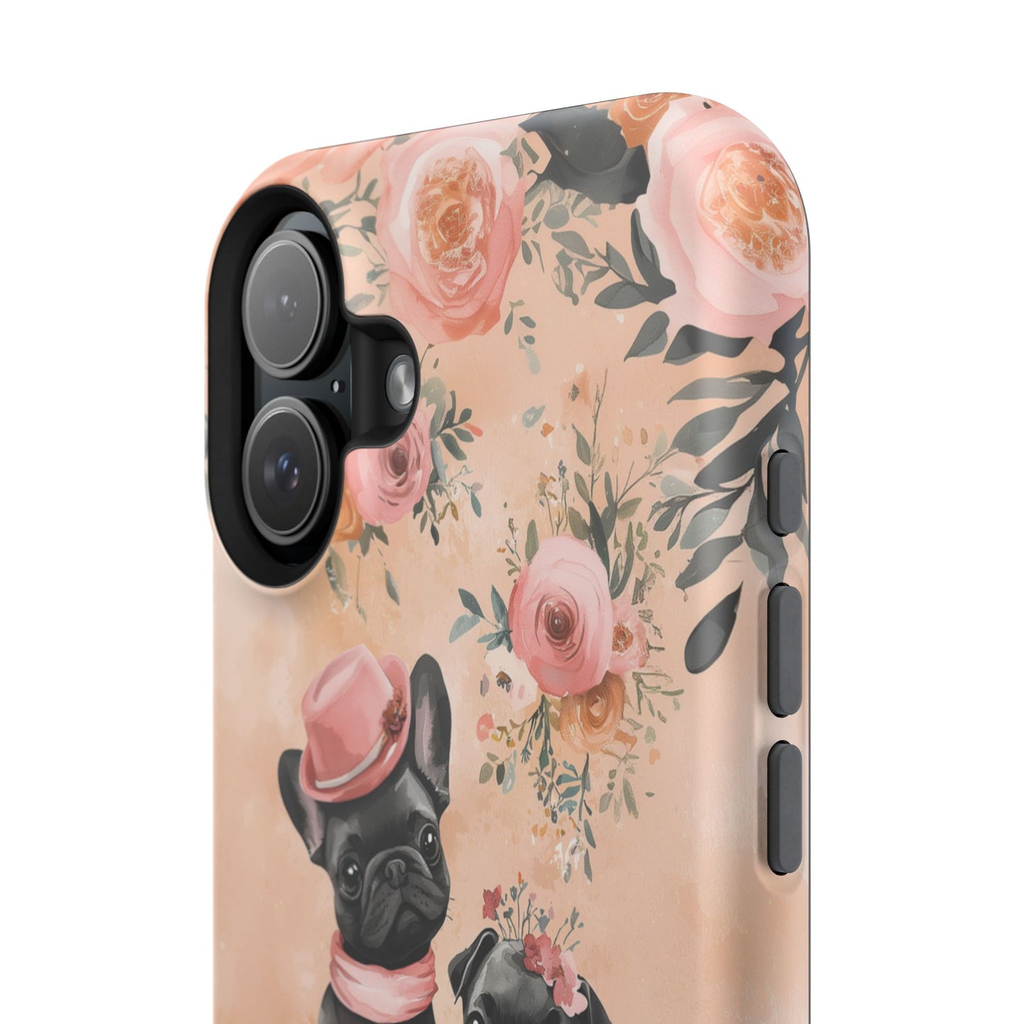 Floral French Bulldogs MagSafe iPhone Case – Elegant Dog Design with Tea Cups & Roses, Shockproof Protection