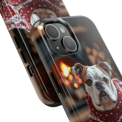 Cozy Bulldog in Sweater iPhone Case – Festive Fireplace Protective Cover