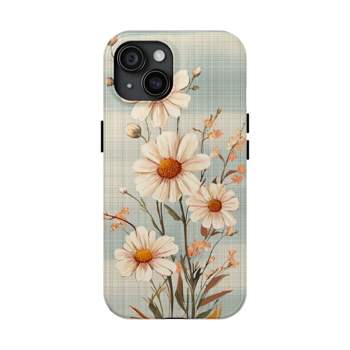 Vintage Plaid & Daisy Floral Tough iPhone Case – Dual-Layer Protection with Retro Flower Design