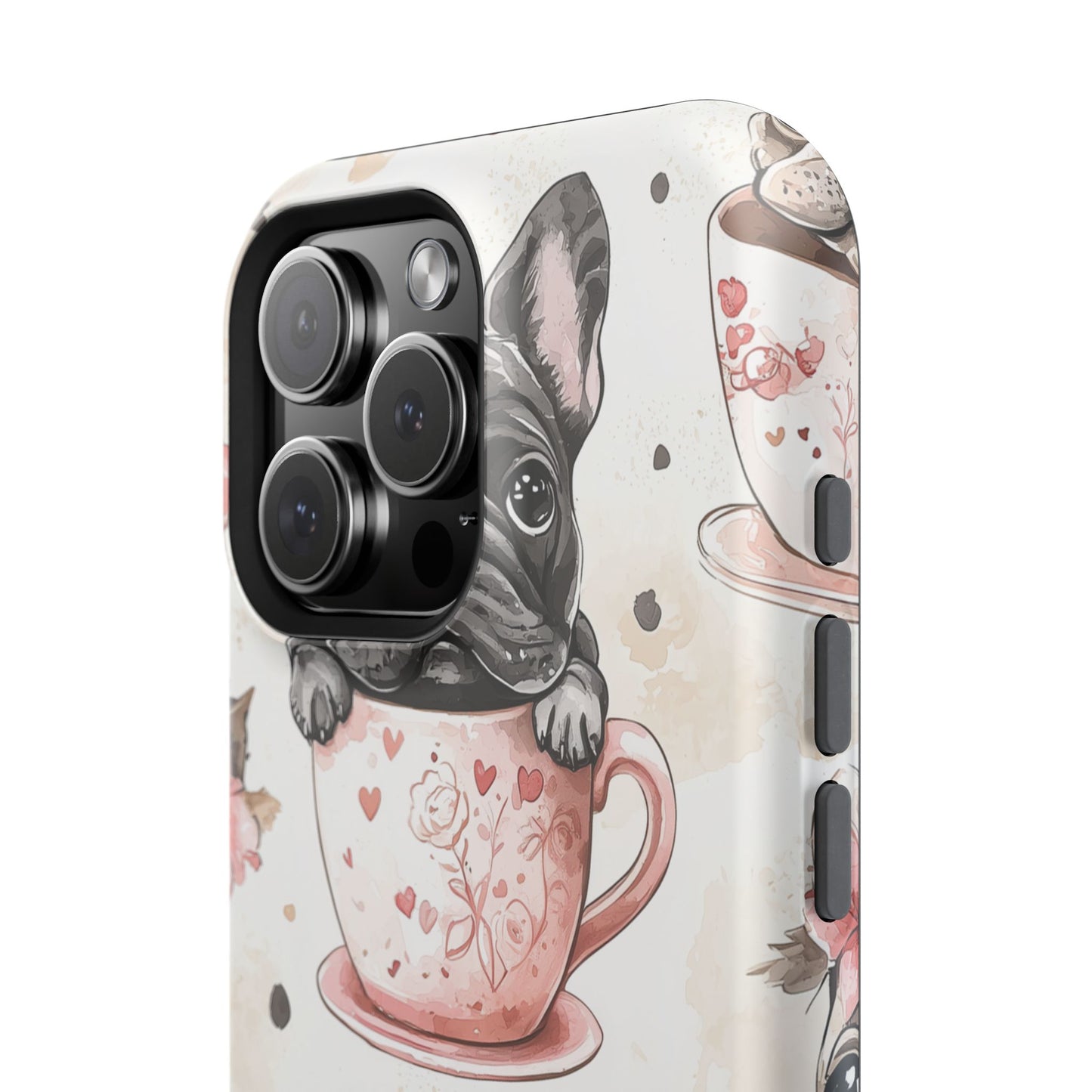 French Bulldogs in Teacups MagSafe iPhone Case – Cute Dog Design with Hearts & Bows, Shockproof & Slim