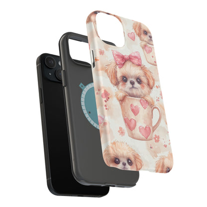 Adorable Puppy in Teacup MagSafe iPhone Case – Tough, Dual-Layer Protection with Cute Pink Bow Design