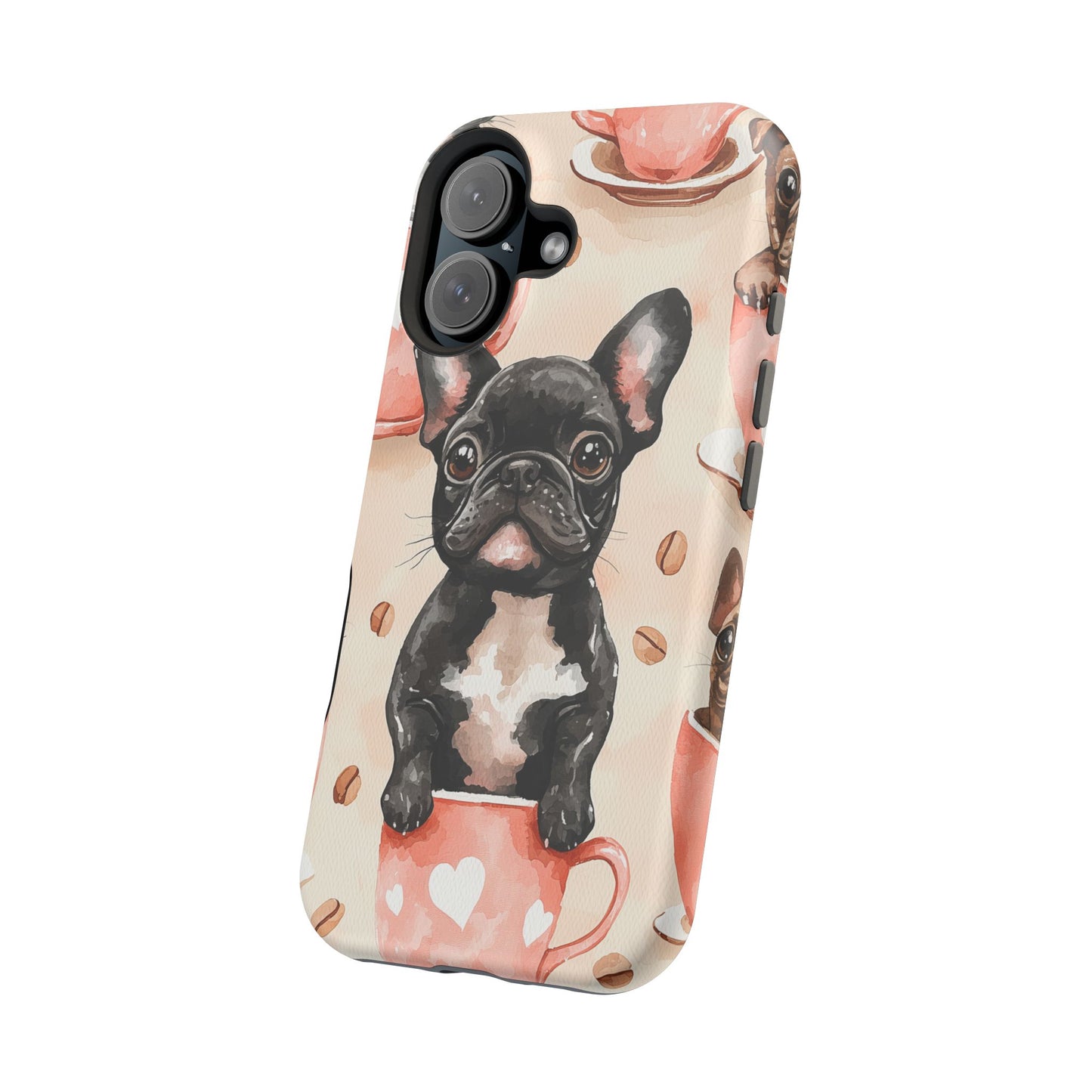 French Bulldogs in Coffee Cup MagSafe iPhone Case – Cute Dog Art, Shockproof & Slim Design