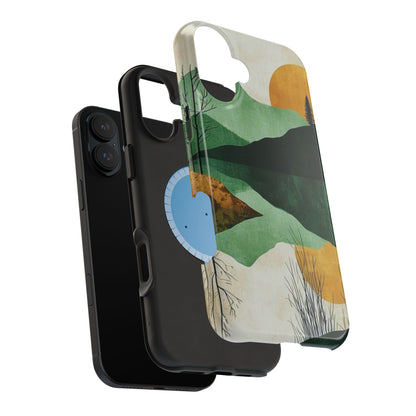 Retro Mountain Sunrise MagSafe iPhone Case – Minimalist Landscape Design, Dual-Layer Protection