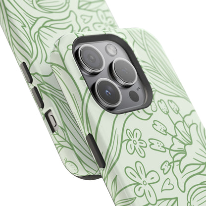 Sage Green Floral Line Art Tough MagSafe iPhone Case – Minimalist Botanical Design with Dual-Layer Protection