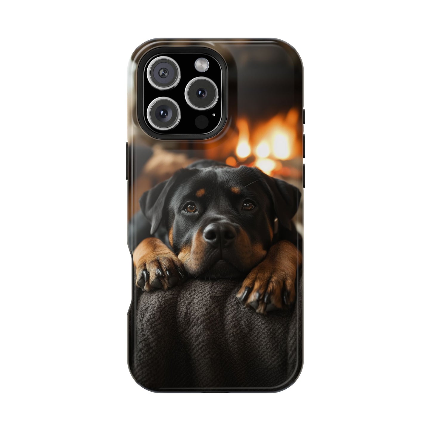 Cozy Rottweiler by the Fireplace MagSafe iPhone Case – Warm Rustic Design