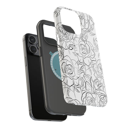 Monochrome Rose Garden Tough MagSafe iPhone Case – Elegant Floral Line Art with Dual-Layer Protection