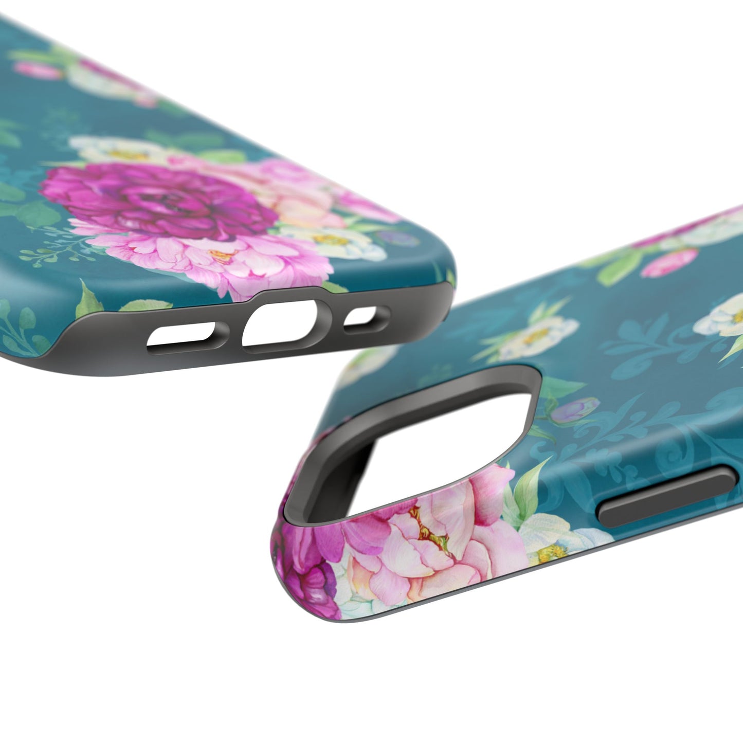 Elegant Peony Bouquet MagSafe iPhone Case – Deep Teal Background with Romantic Floral Design