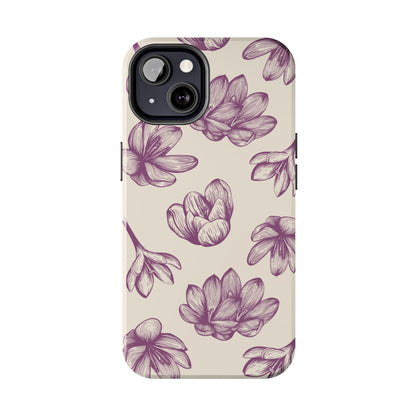 Vintage Botanical Floral Tough iPhone Case – Hand - Drawn Purple Flowers, Shockproof Design - BOGO Cases