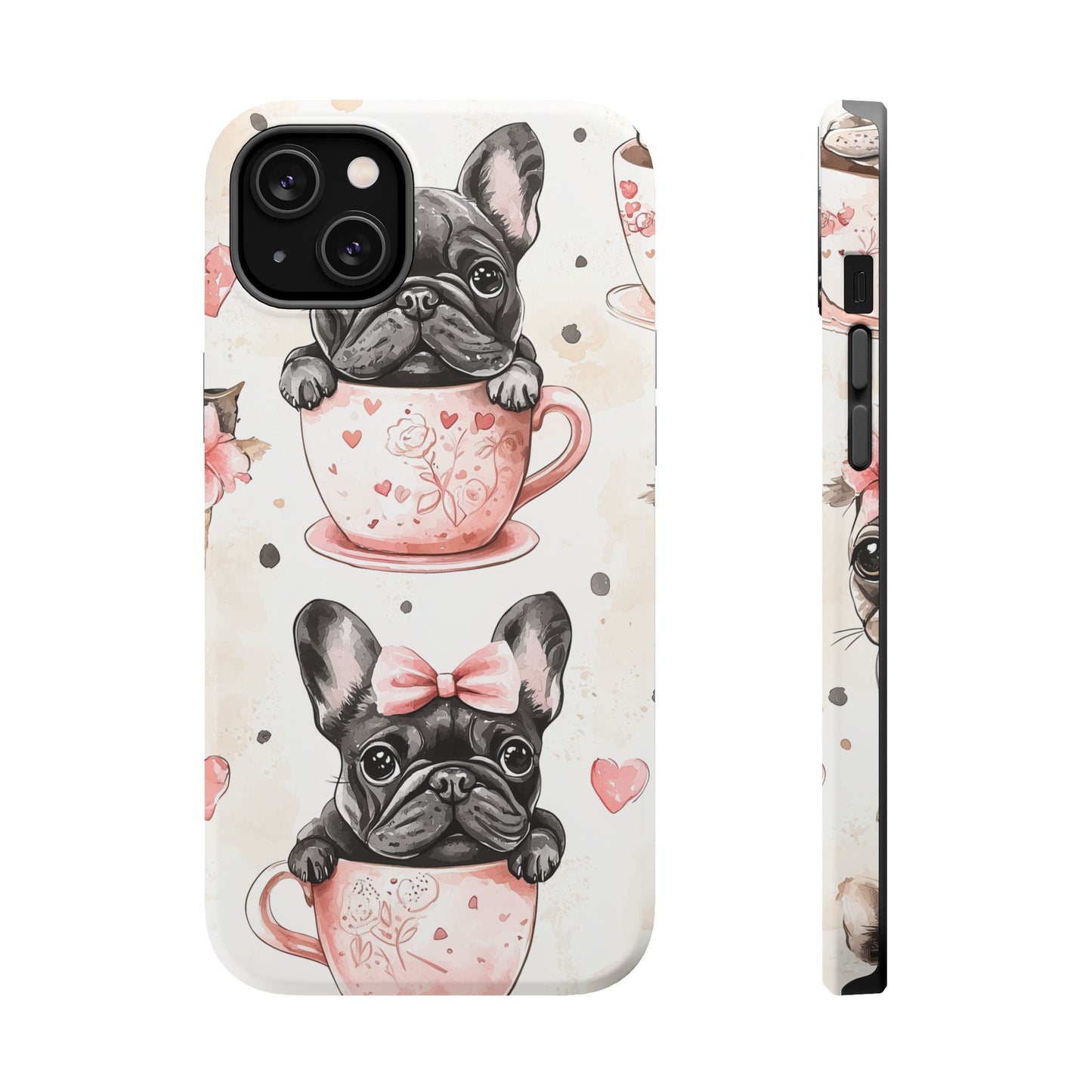 French Bulldogs in Teacups MagSafe iPhone Case – Cute Dog Design with Hearts & Bows, Shockproof & Slim