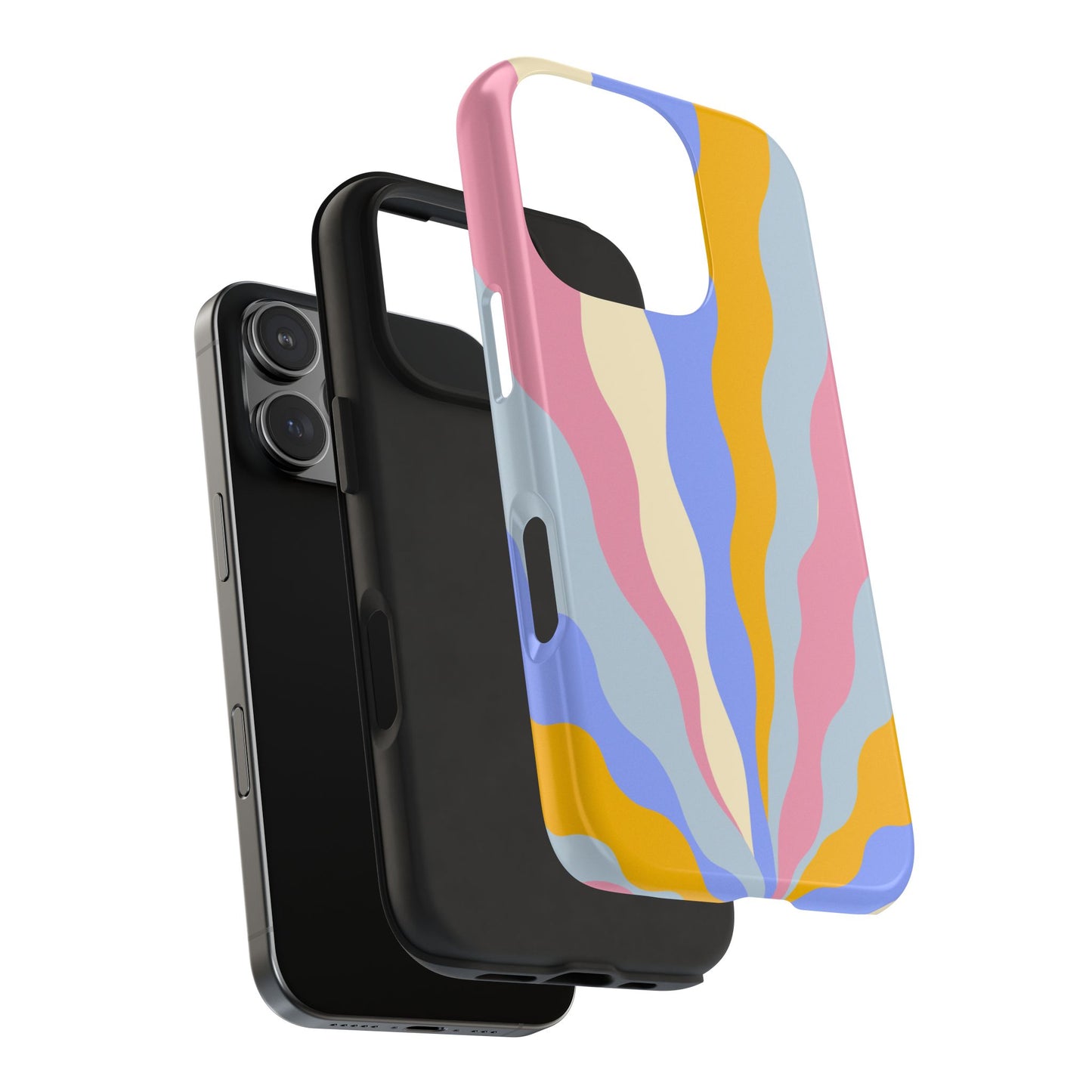 Pastel Radiance iPhone Case – 70s-Inspired Dual-Layer Design with Wavy Sunburst Pattern