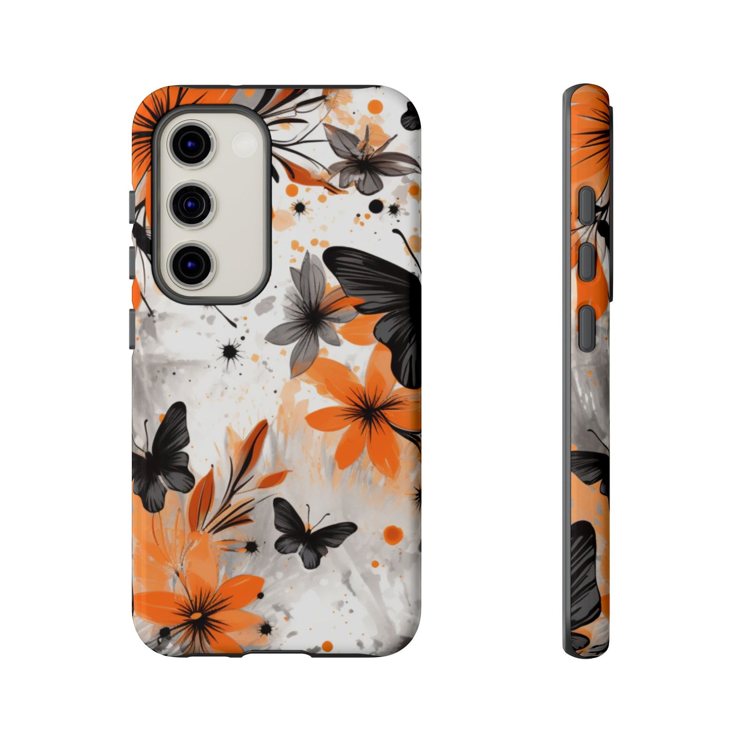 Orange Blossom & Black Butterfly Samsung Galaxy Case – Bold Floral Pattern with Modern Abstract Style