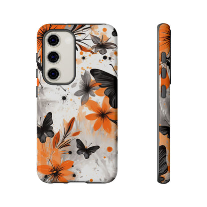 Orange Blossom & Black Butterfly Samsung Galaxy Case – Bold Floral Pattern with Modern Abstract Style