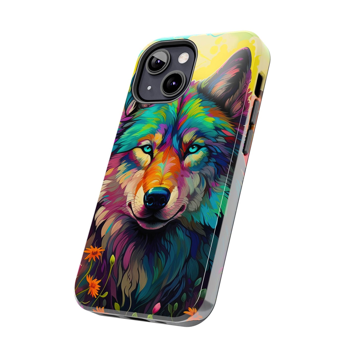 Rainbow Wolf in Bloom – iPhone Case with Vivid Nature Design