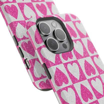 Pink Glitter Heart Checkered Pattern MagSafe Case