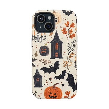 Haunted Halloween MagSafe iPhone Case – Haunted House, Bats, and Pumpkins Design