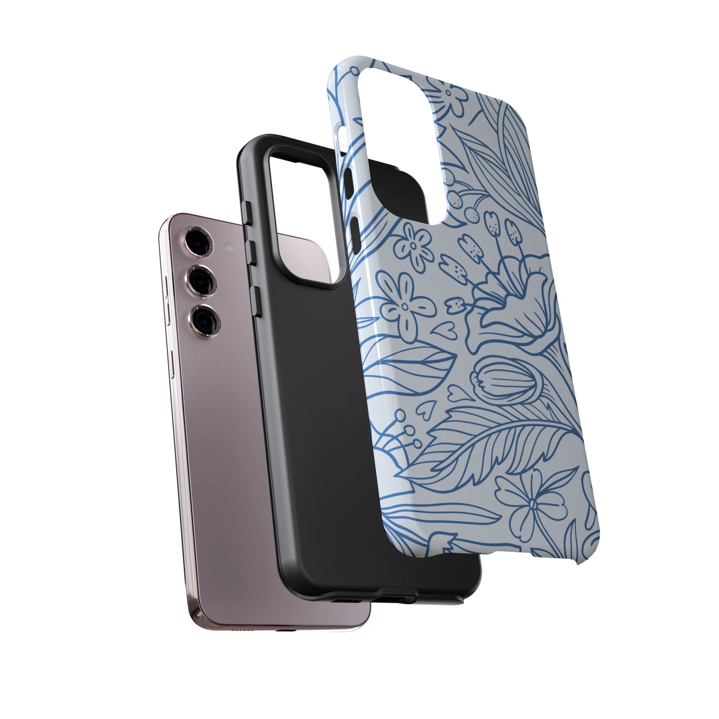 Dusty Blue Floral Line Art Tough Samsung Galaxy Case – Minimalist Botanical Design with Dual-Layer Protection