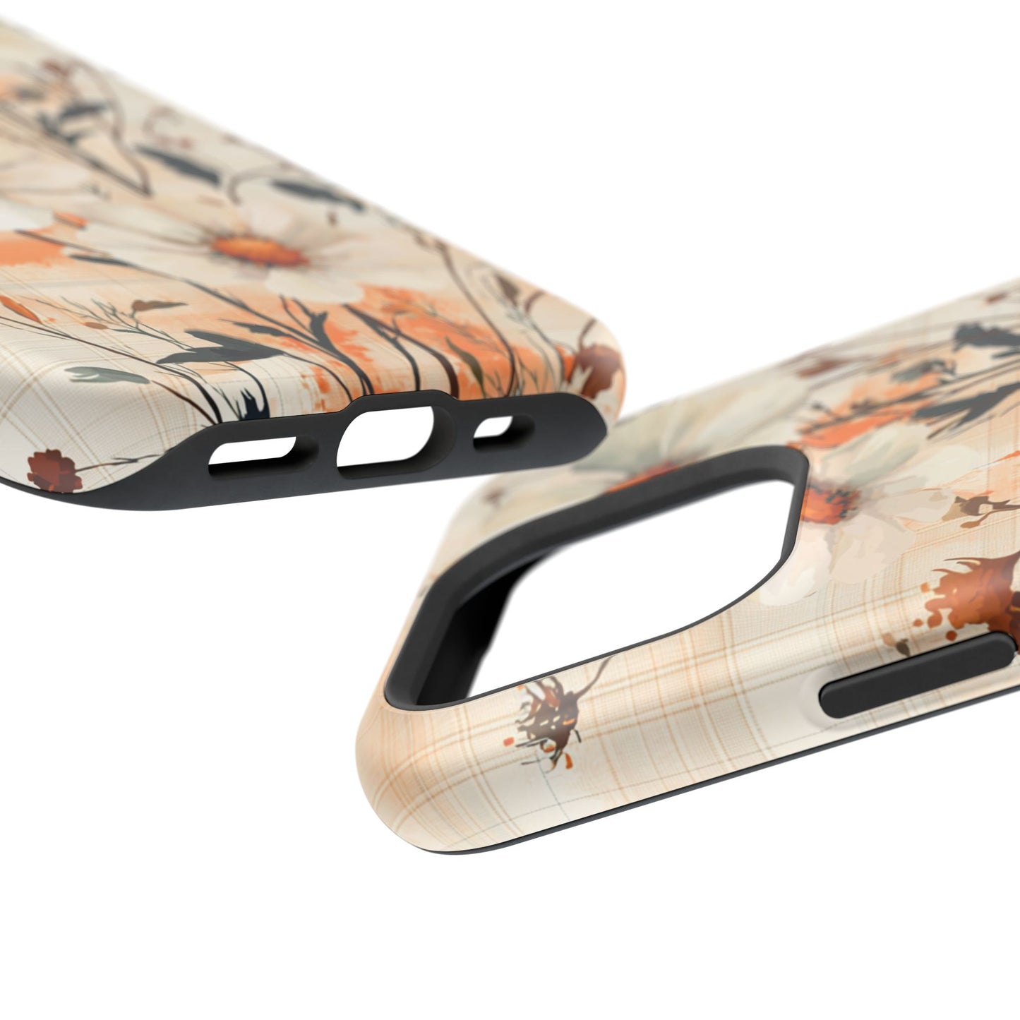 Pastel Orange Floral MagSafe iPhone Case - Elegant Plaid Protective Cover