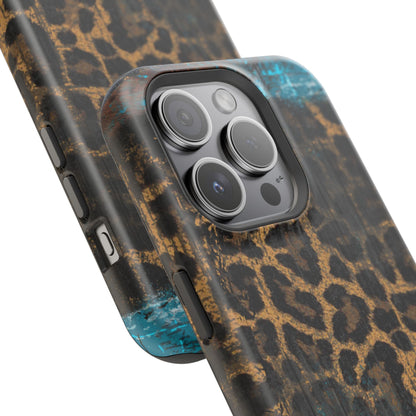 Boho Leopard and Turquoise Tough MagSafe iPhone Case – Rustic Western Design with Dual-Layer Protection