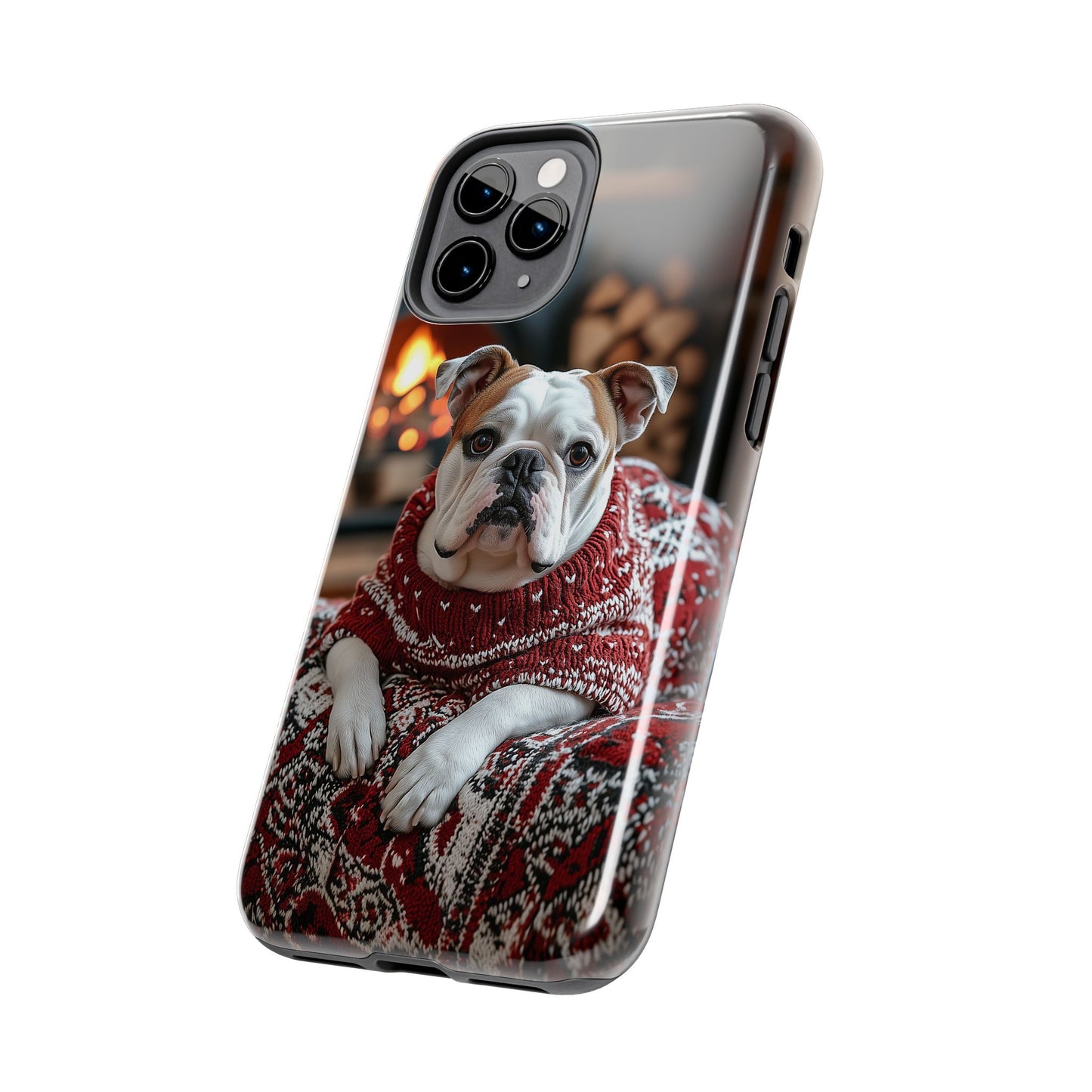 Cozy Bulldog in Sweater iPhone Case – Festive Fireplace Protective Cover