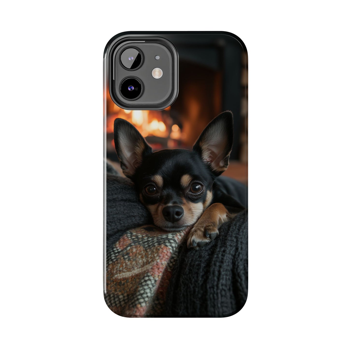 Cozy Chihuahua Fireplace iPhone Case – Warm and Stylish Design