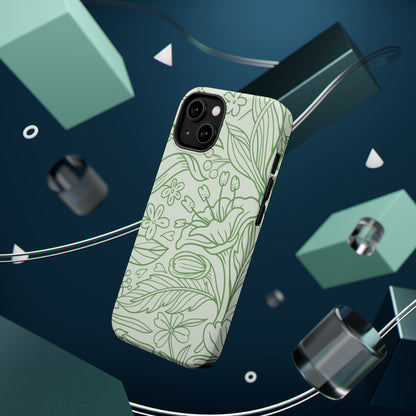 Sage Green Floral Line Art Tough MagSafe iPhone Case – Minimalist Botanical Design with Dual-Layer Protection