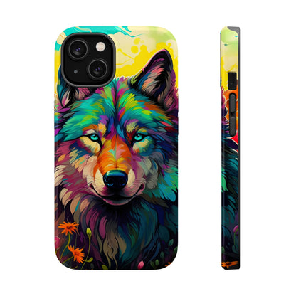 Rainbow Wolf in Bloom – MagSafe iPhone Case with Nature-Inspired Design