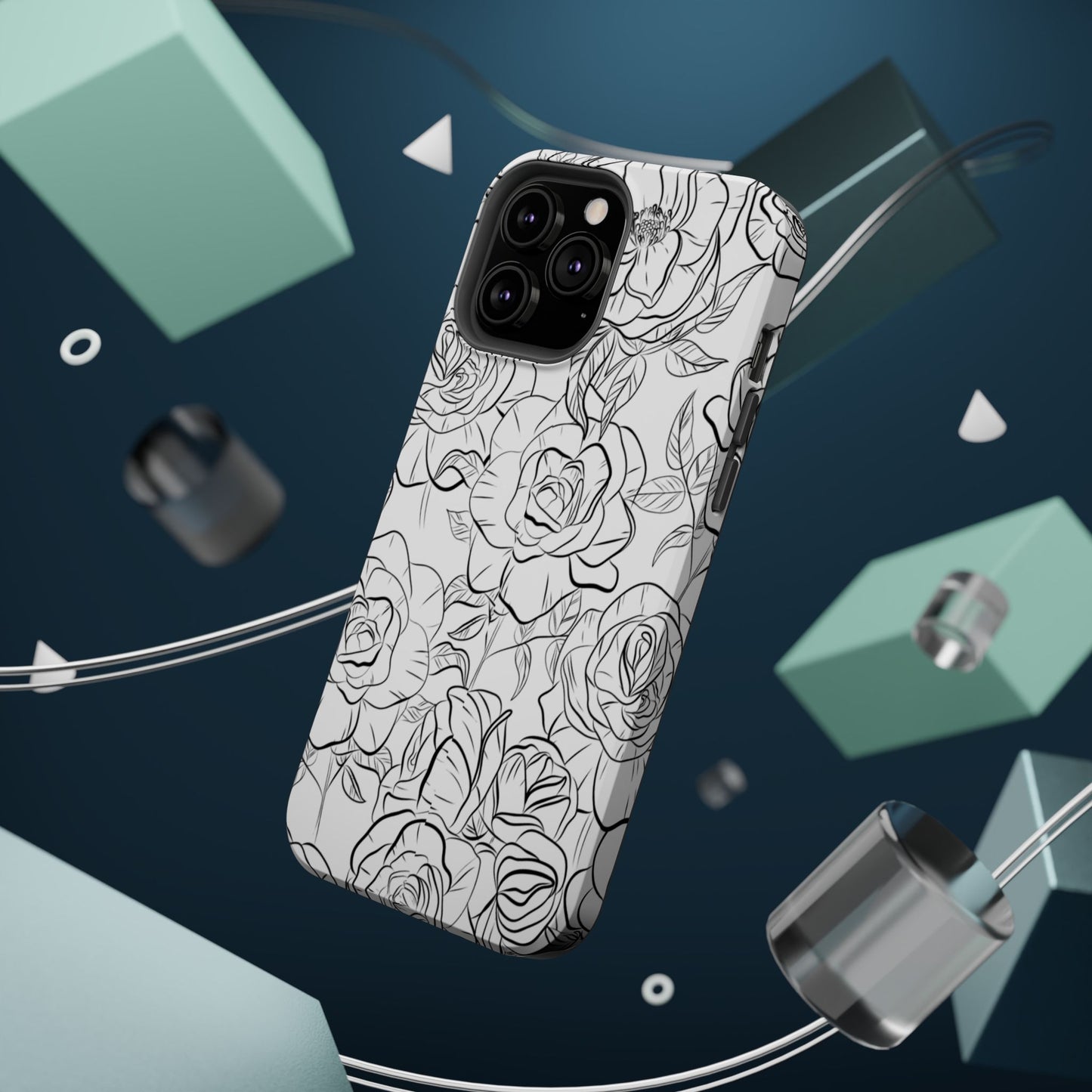 Monochrome Rose Garden Tough MagSafe iPhone Case – Elegant Floral Line Art with Dual-Layer Protection