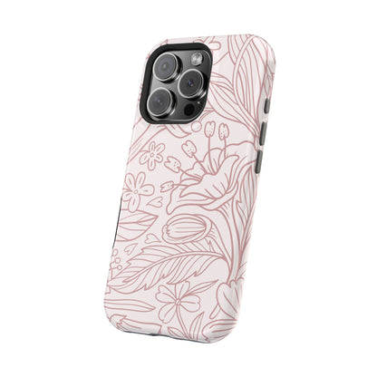 Blush Floral Line Art Tough MagSafe iPhone Case – Delicate Minimalist Design with Dual-Layer Protection