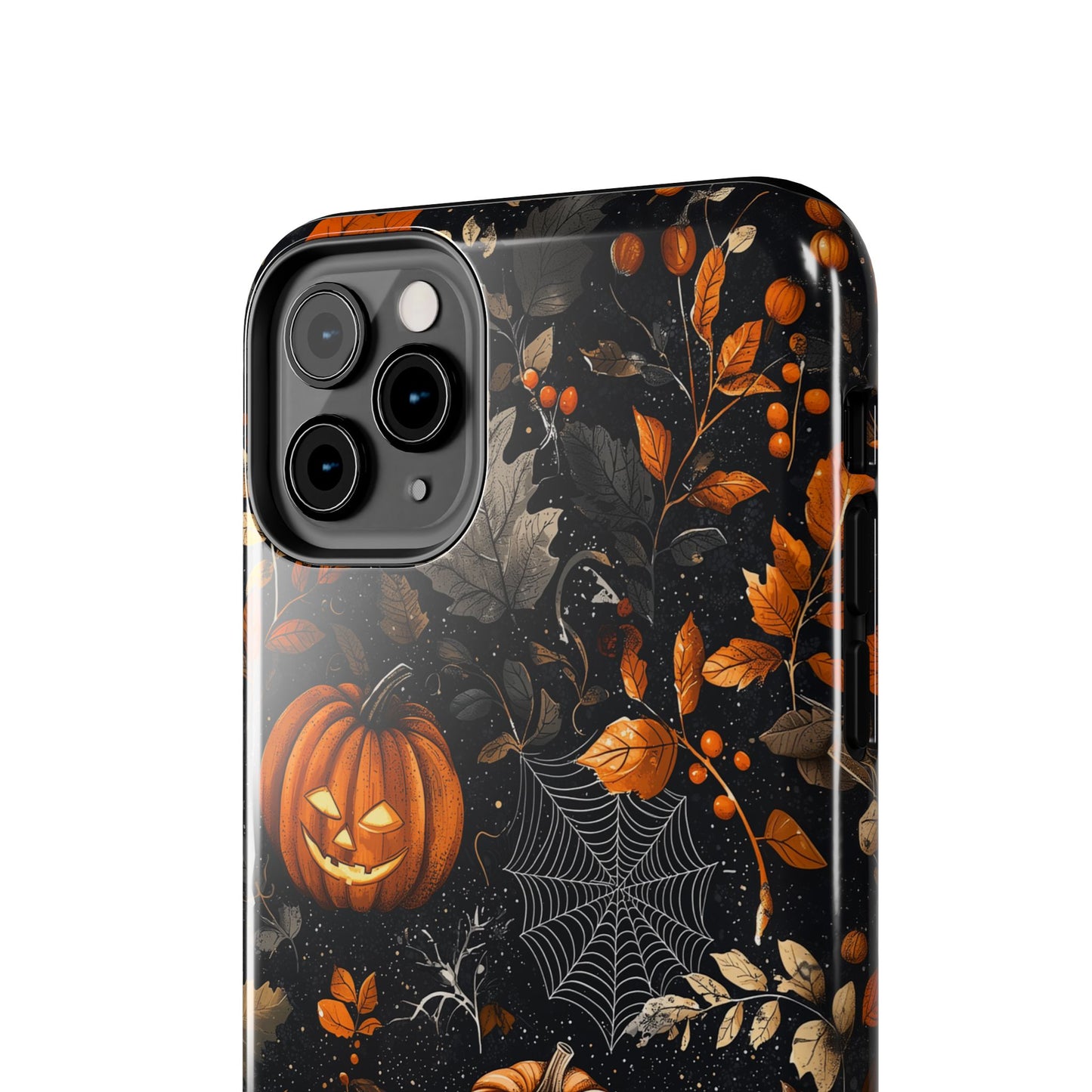 Elegant Halloween iPhone Case – Pumpkin Jack-o'-Lanterns, Cobwebs & Autumn Foliage Design