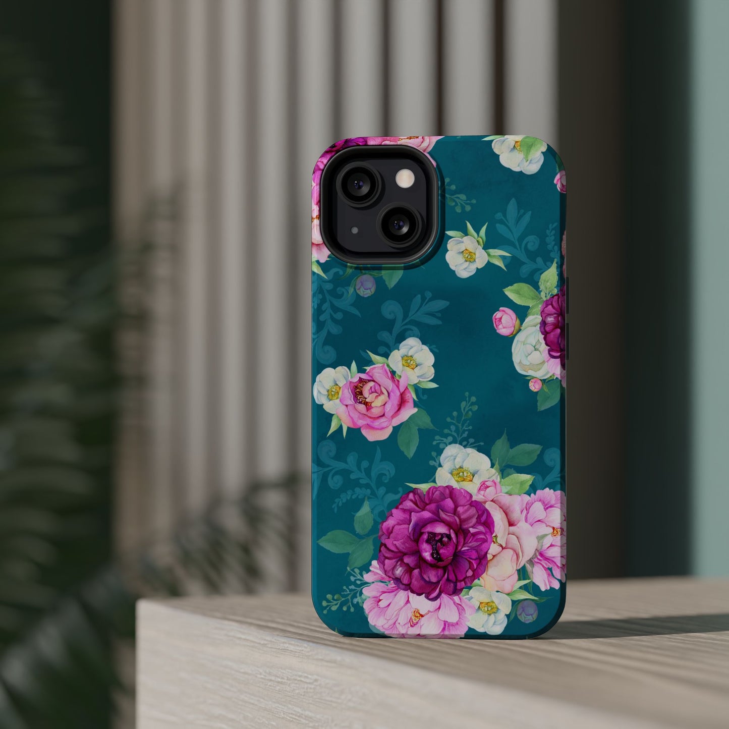 Elegant Peony Bouquet MagSafe iPhone Case – Deep Teal Background with Romantic Floral Design