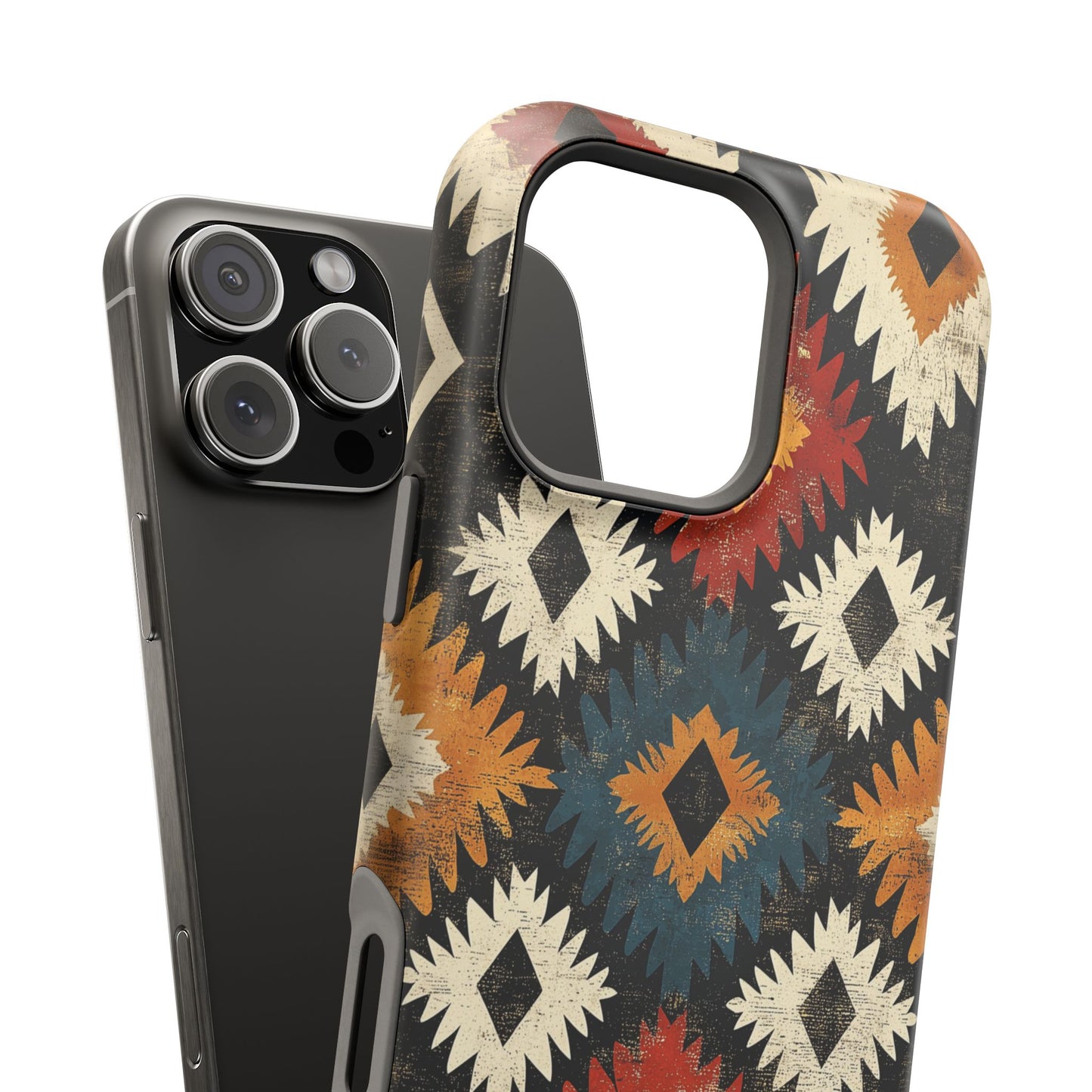 Rustic Tribal Sunburst Tough MagSafe iPhone Case – Vibrant Geometric Design, Dual-Layer Protection