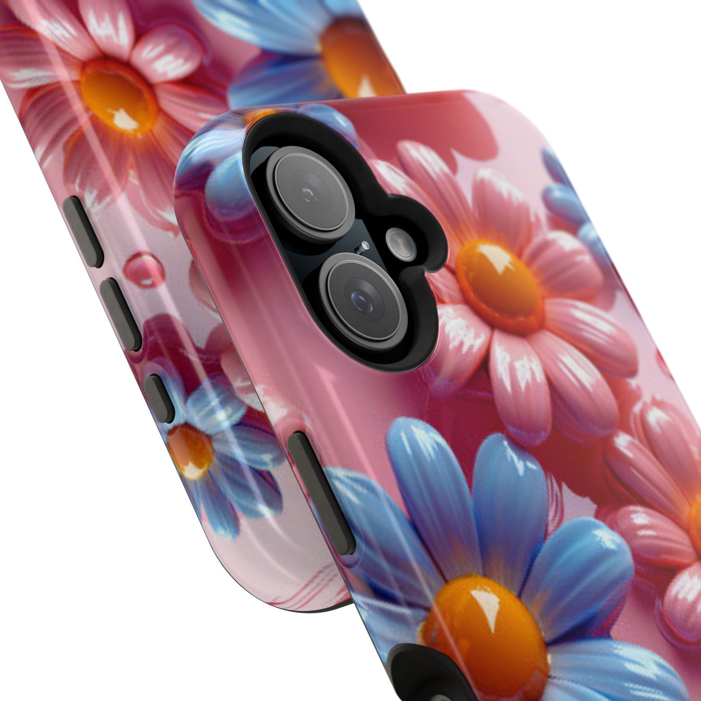 Pastel Daisy 3D MagSafe iPhone Case – Glossy Pink and Blue Floral Design, Full Protection