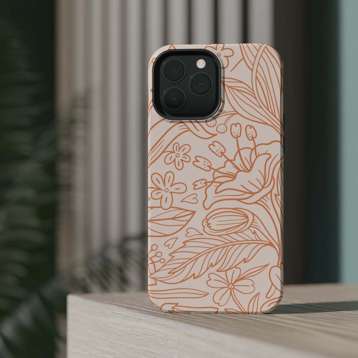 Soft Terracotta Floral Line Art Tough MagSafe iPhone Case – Minimalist Botanical Design with Dual-Layer Protection