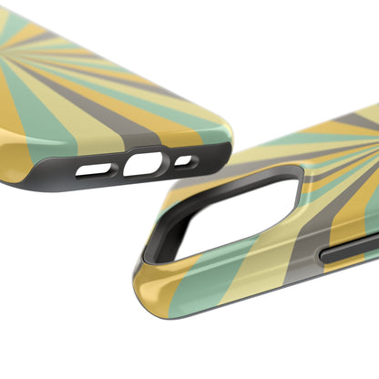 Vintage Sunburst Rays MagSafe iPhone Case – Bold 70s-Inspired Burst in Yellow, Mint, and Gray